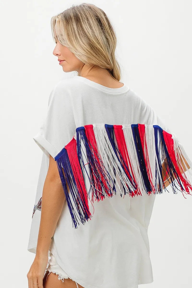 Stunning American Flag Sequin Ribbon T-Shirt for Patriotic Celebrations – 100% Cotton, Casual Style