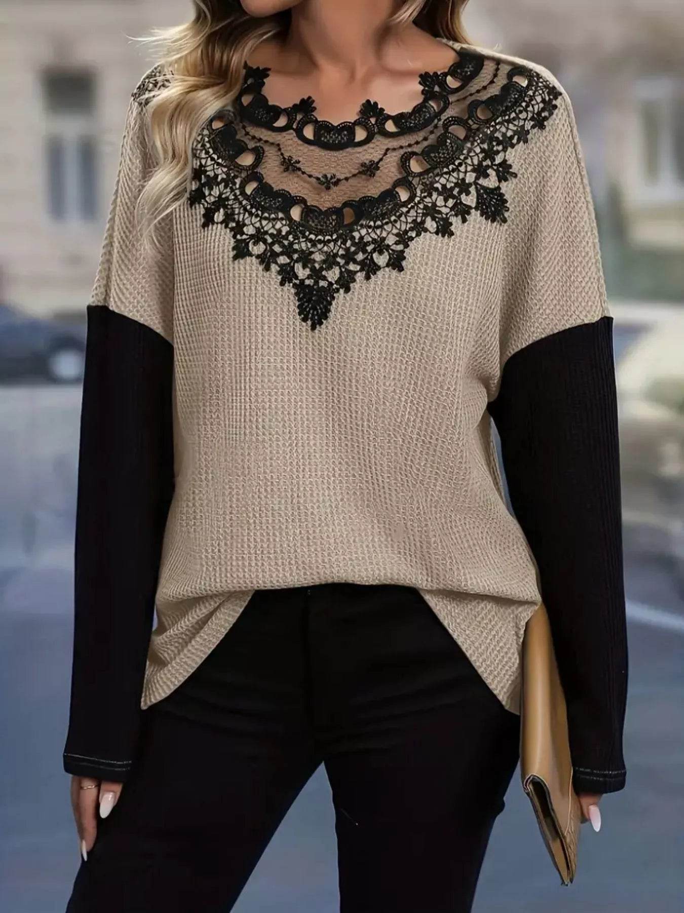 Lace Detail Color Block Long Sleeve T-Shirt - 100% Polyester, Stylish & Elegant Design