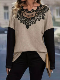 Lace Detail Color Block Long Sleeve T-Shirt - 100% Polyester, Stylish & Elegant Design - Store 42