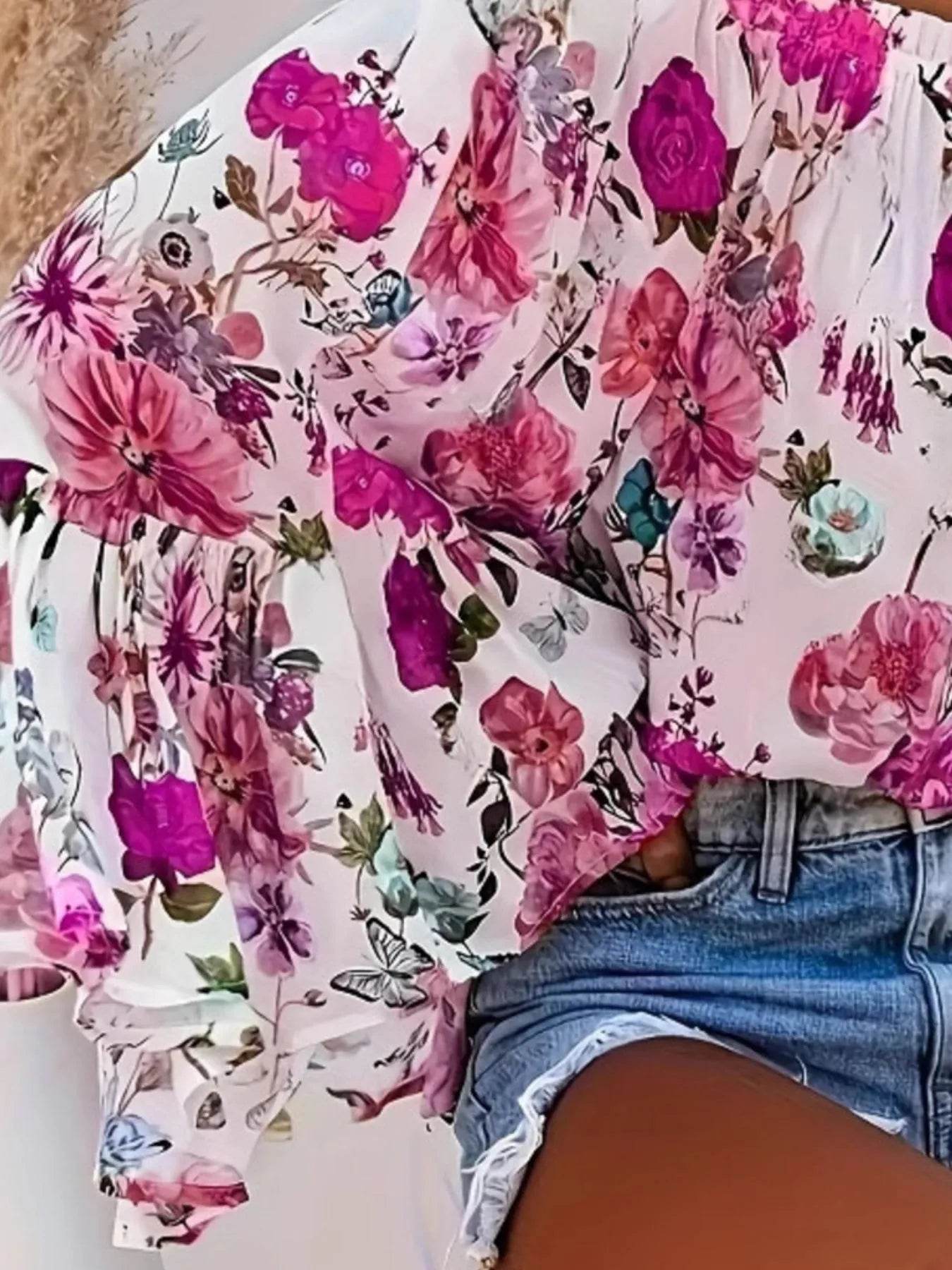 Full Size Floral Off-Shoulder Bell Sleeve Blouse Plus Size - Store 42