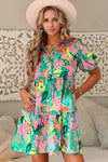 Button Down Floral Puff Sleeve Babydoll Dress Green