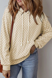 Checkered Print Kangaroo Pocket Drawstring Hoodie Khaki