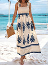 Smocked Printed Wide Strap Maxi Dress Peacock Blue