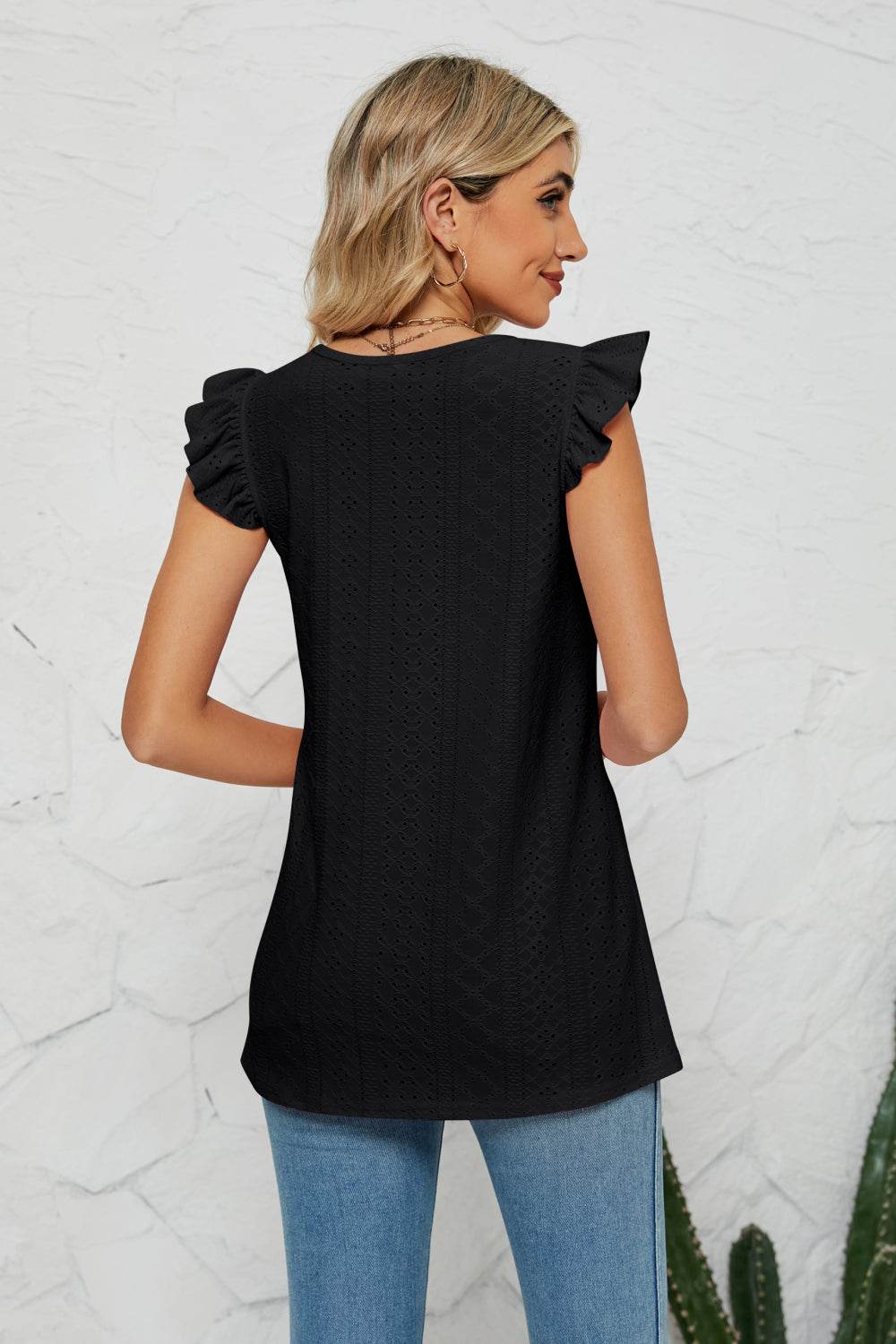 Trendy Smocked Round Neck Eyelet Top with Cap Flutter Sleeves - Casual Long Length Blouse - Store 42