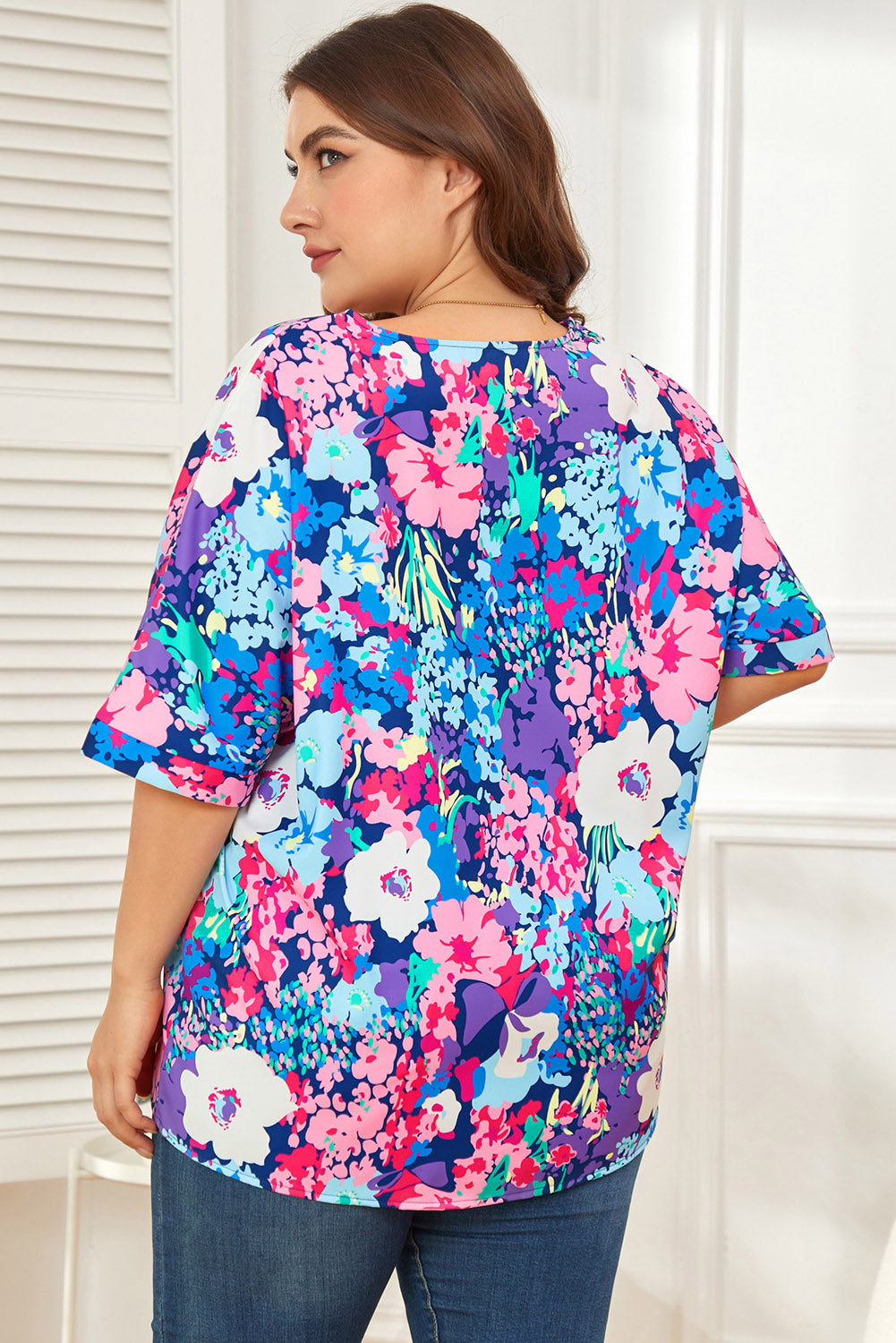 Casual Floral V-Neck Blouse with Half Sleeves – Trendy 100% Polyester Design