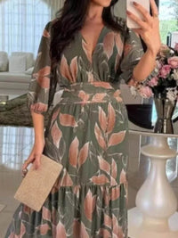Full Size Printed V-Neck Maxi Dress with Tiered Hemline Plus Size - Store 42