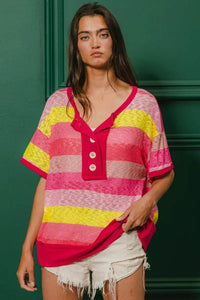 BiBi Multi Color Stripe Hacci Button Detail Ringer Top - Store 42