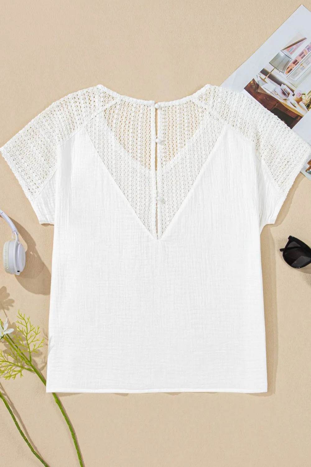 Lace Crochet Button Back V-Neck T-Shirt - Semi-Sheer 100% Cotton Top for Stylish Comfort - Store 42