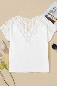 Lace Crochet Button Back V-Neck T-Shirt - Semi-Sheer 100% Cotton Top for Stylish Comfort - Store 42
