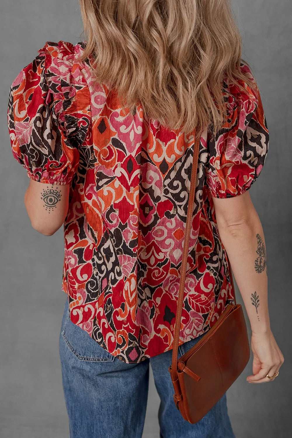 Trendsi Ethnic Print Split Neck Blouse With Short Puff Sleeves - 100% Cotton Ruffled Top