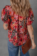 Ethnic Print Split Neck Short Puff Sleeve Blouse