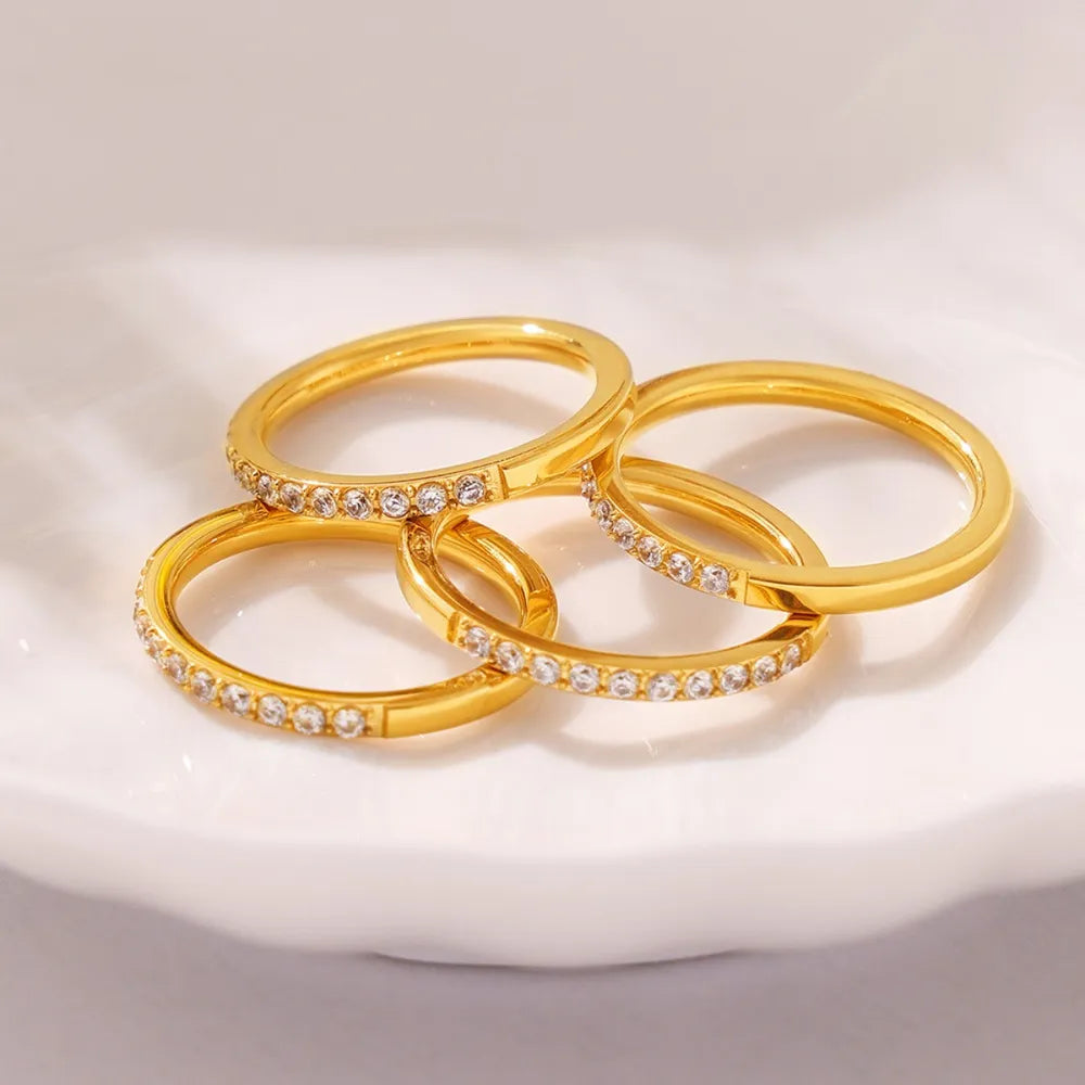 18K Gold-Plated Titanium Steel Zircon Ring - Elegant Inlaid Design, Available in Sizes 6-8