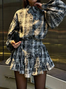 Lantern Sleeve Shirt and Ruffled Skirt Set Light Gray