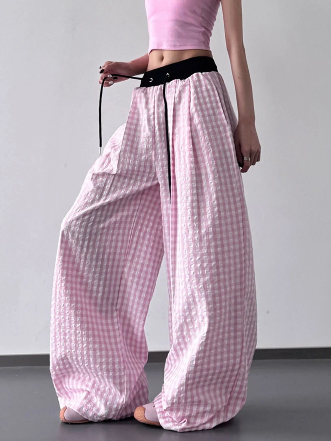 Gingham Wide Leg Drawstring Pants