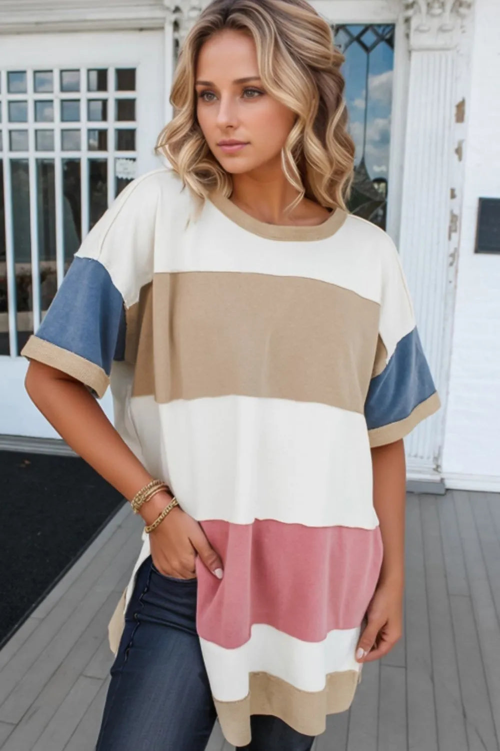 Color Block Patchwork Tunic T-Shirt with Side Split - Slightly Stretchy Cotton Blend