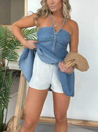 Full Size Lace Up Halter Neck Denim Dress Plus Size - Store 42