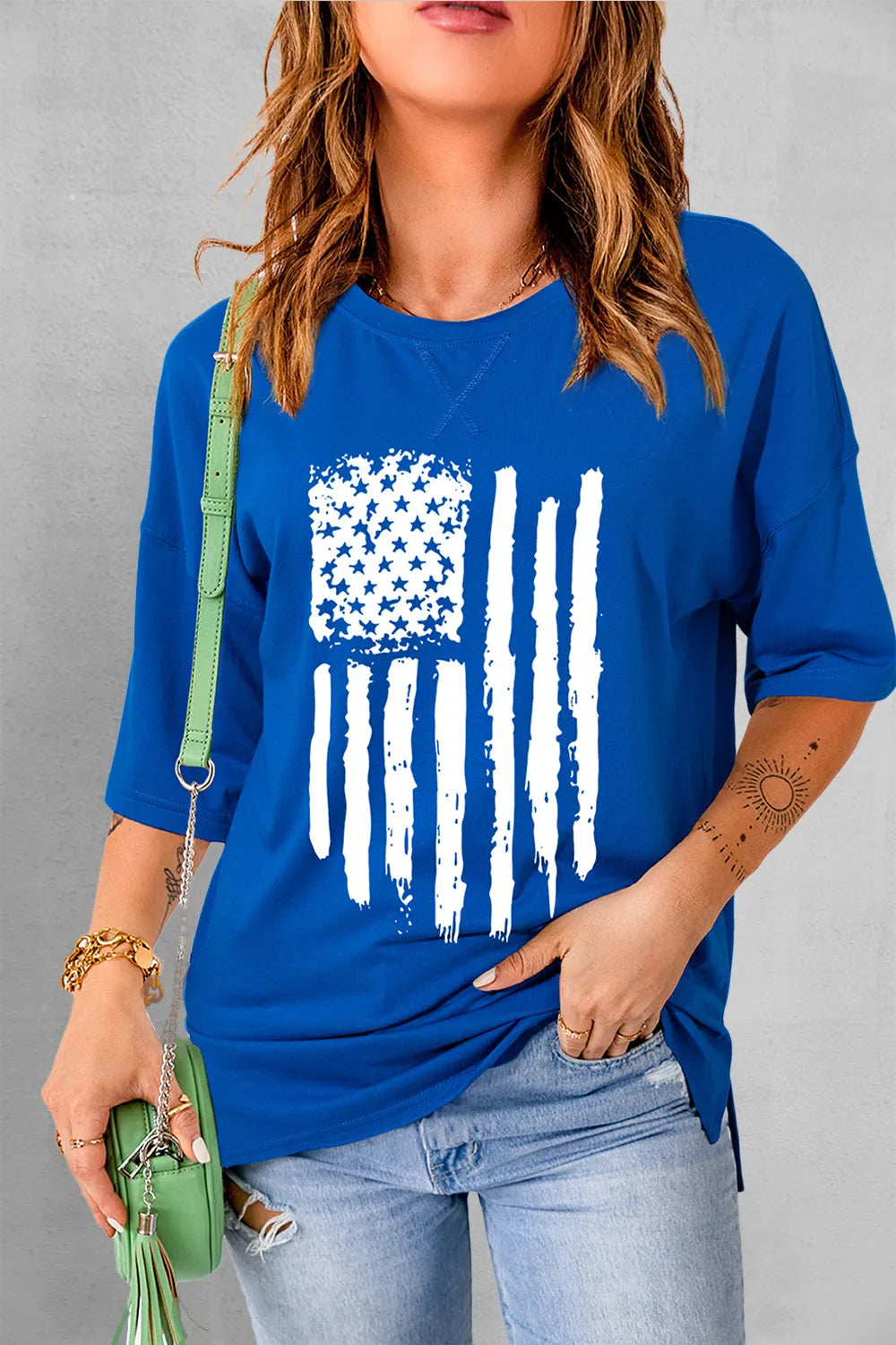 US Flag Graphic Round Neck T-Shirt for Women - Casual Short Sleeve, Slightly Stretchy Fabric
