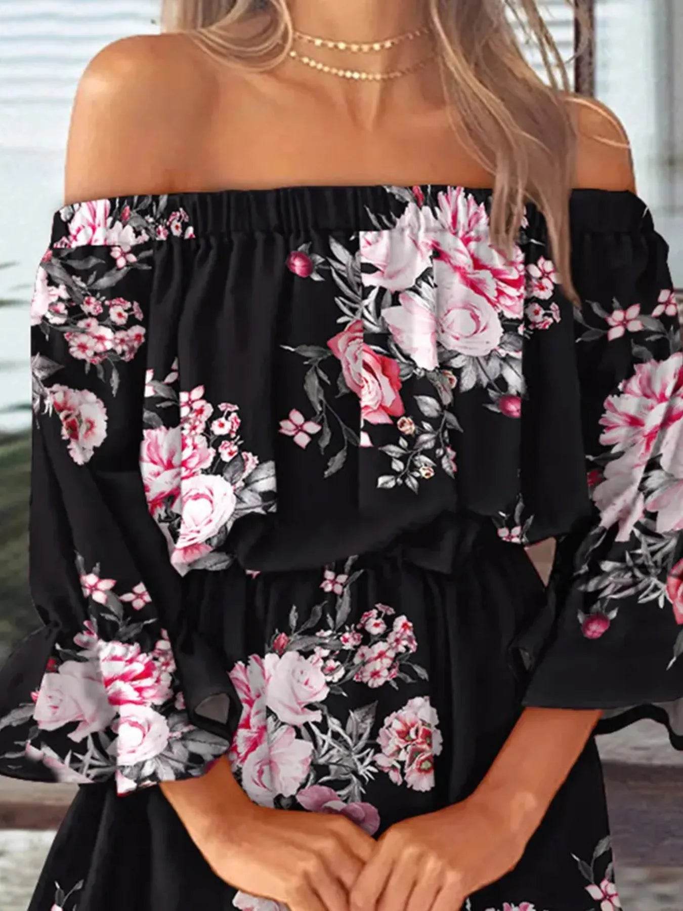 Full Size Floral Off-Shoulder Flounce Sleeve Mini Dress Plus Size