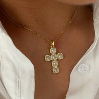 Elegant Stainless Steel Zircon Cross Necklace with 14K Gold-Plated Finish - 18.1 Inch Chain - Store 42