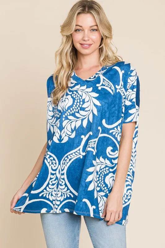 Stylish BOMBOM Printed Relaxed V-Neck Tunic Top - Oversized Fit, Slightly Stretchy, Casual Chic