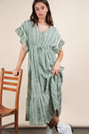 VERY J Embroidered Boho Ruffled Midi Dress Sage