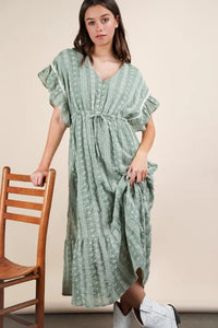 VERY J Embroidered Boho Ruffled Midi Dress Sage