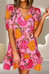 Ruffled Printed Short Sleeve Mini Dress Blush Pink