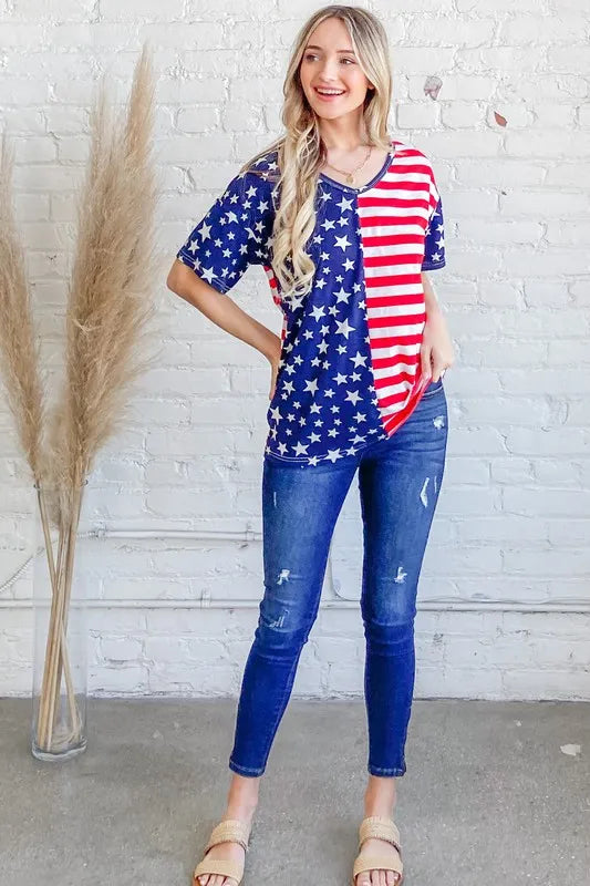 Patriotic American Flag Short Sleeve Top with Pocket - Casual Summer Style