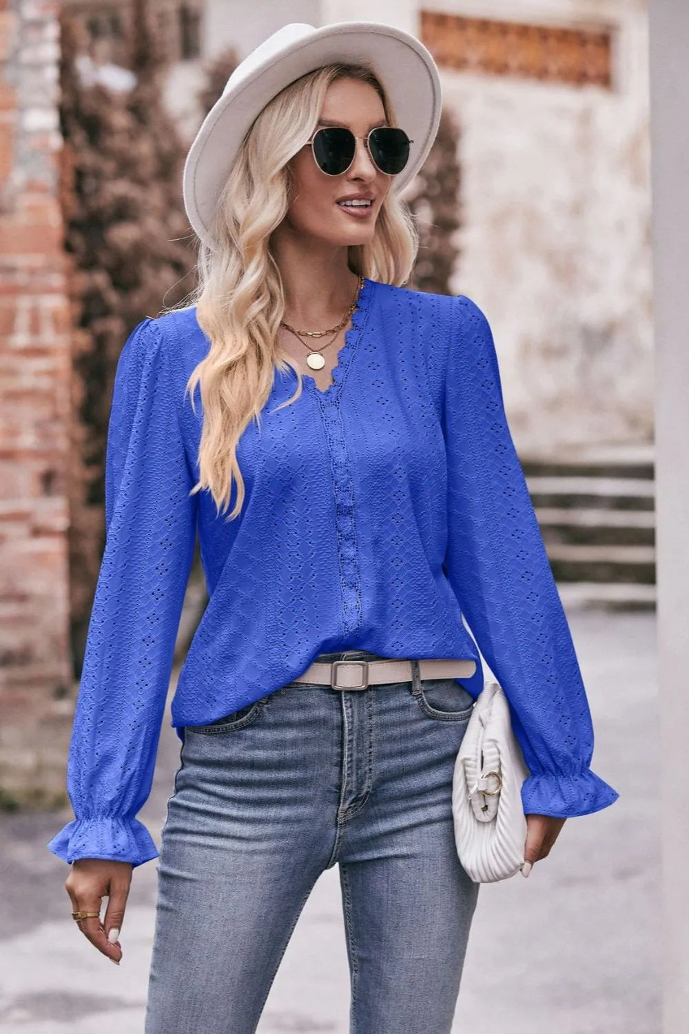 Mandy Eyelet V-Neck Flounce Sleeve Blouse
