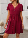Button Front Flutter Sleeve Dress Deep Red