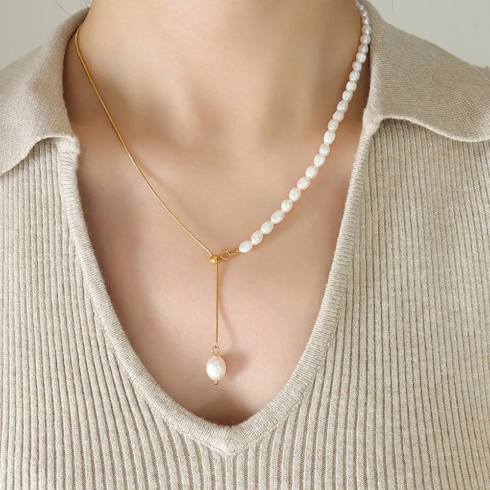 Elegant 18K Gold-Plated Freshwater Pearl Necklace with Adjustable Chain - Perfect Gift