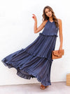 Ruffled Sleeveless Tiered Maxi Dress with Pockets Dark Blue