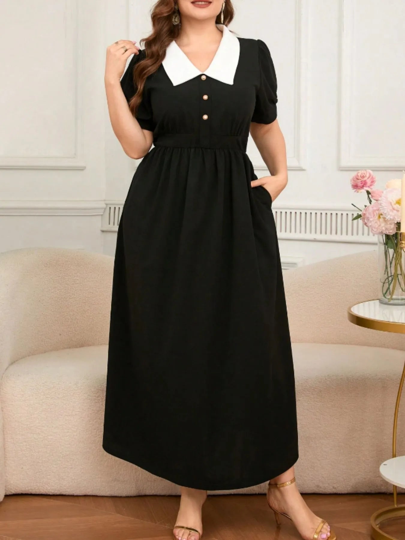 Plus Size Short Sleeve Dress with Contrast Collar, Pockets & Decorative Button - Stretchy Comfort