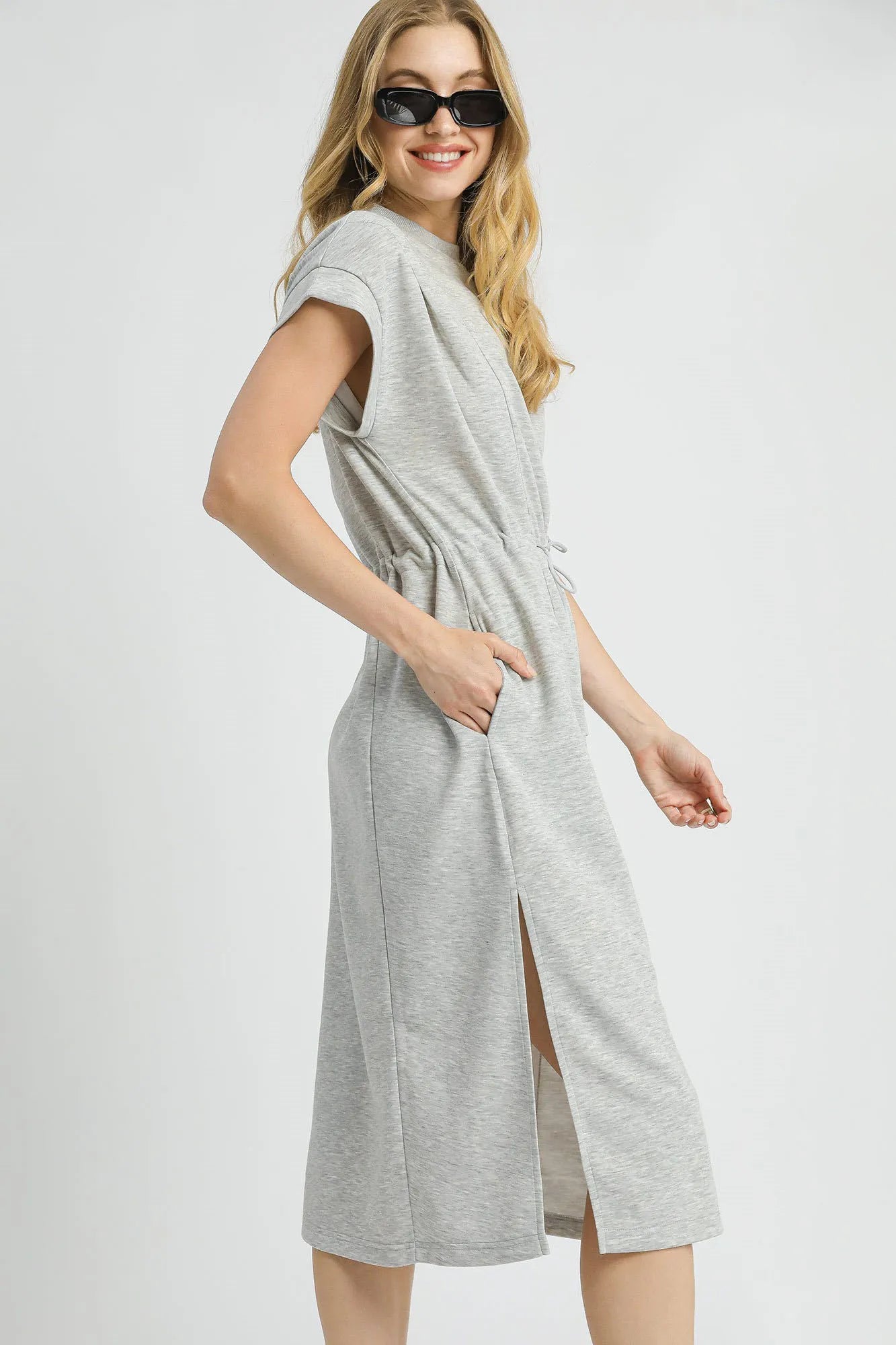 Umgee Women's Side Slit Midi Tee Dress with Drawstring Waist and Pockets in Heather Grey