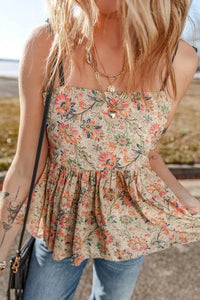 Floral Spaghetti Strap Peplum Cami Top - 100% Cotton, Opaque, Basic Style, Trendy Summer Wear - Store 42