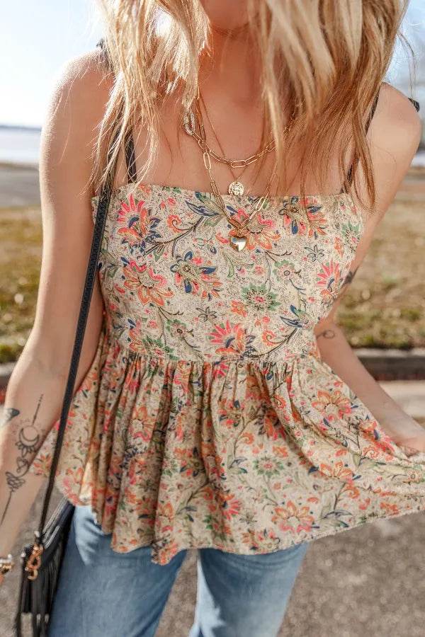 Floral Spaghetti Strap Peplum Cami Top - 100% Cotton, Opaque, Basic Style, Trendy Summer Wear - Store 42