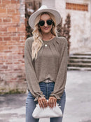 Slightly Stretchy Ruched Round Neck Long Sleeve T-Shirt - Casual Everyday Essential - Store 42