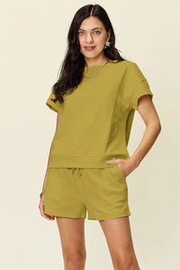Double Take Full Size Texture Short Sleeve T-Shirt and Drawstring Shorts Set Chartreuse
