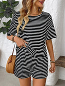 Striped Round Neck Short Sleeve Top and Shorts Set Black