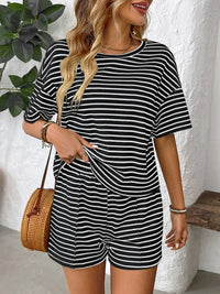 Striped Round Neck Short Sleeve Top and Shorts Set Black