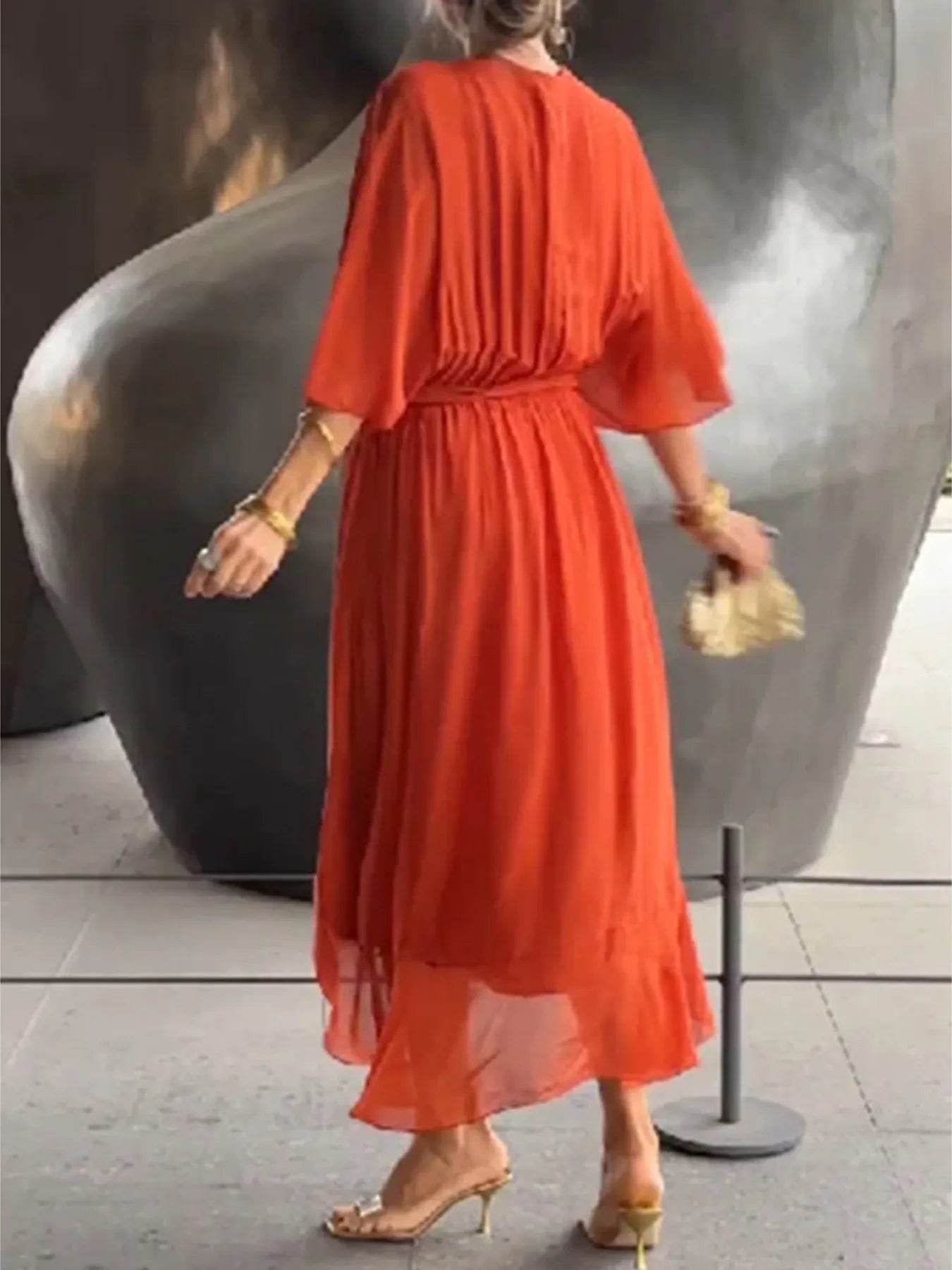 Full Size Flowy Tie Front Midi Dress with Flutter Sleeves Plus Size - Store 42