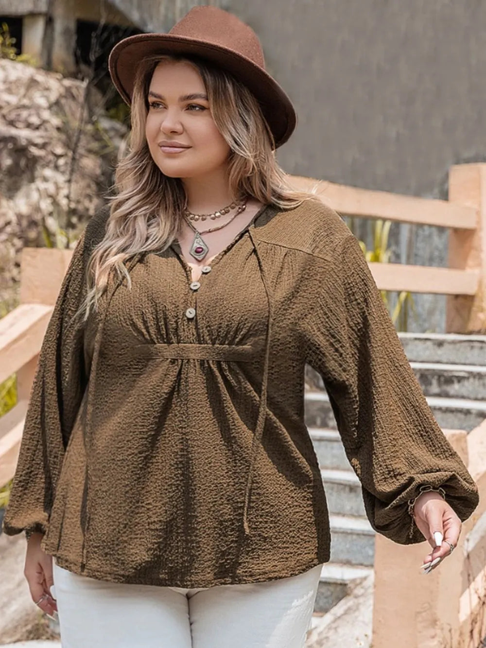 Plus Size  Tie Neck Long Sleeve Blouse, Opaque 95% Polyester, 5% Elastane