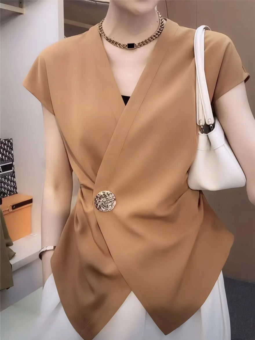 Plus Size Wrap Front Blouse with Decorative Button Detail
