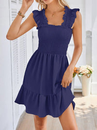 Smocked Square Neck Wide Strap Dress Dark Blue