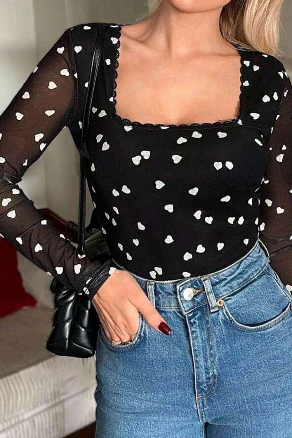 Heart Square Neck Long Sleeve Bodysuit - Store 42
