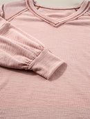 Exposed Seam Ribbed Knit V Neck Top