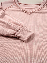 Exposed Seam Ribbed Knit V Neck Top