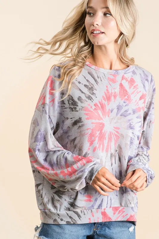 Trendy BiBi Tie Dye Print Terry Pullover - Cozy, Colorful Style for Casual Days