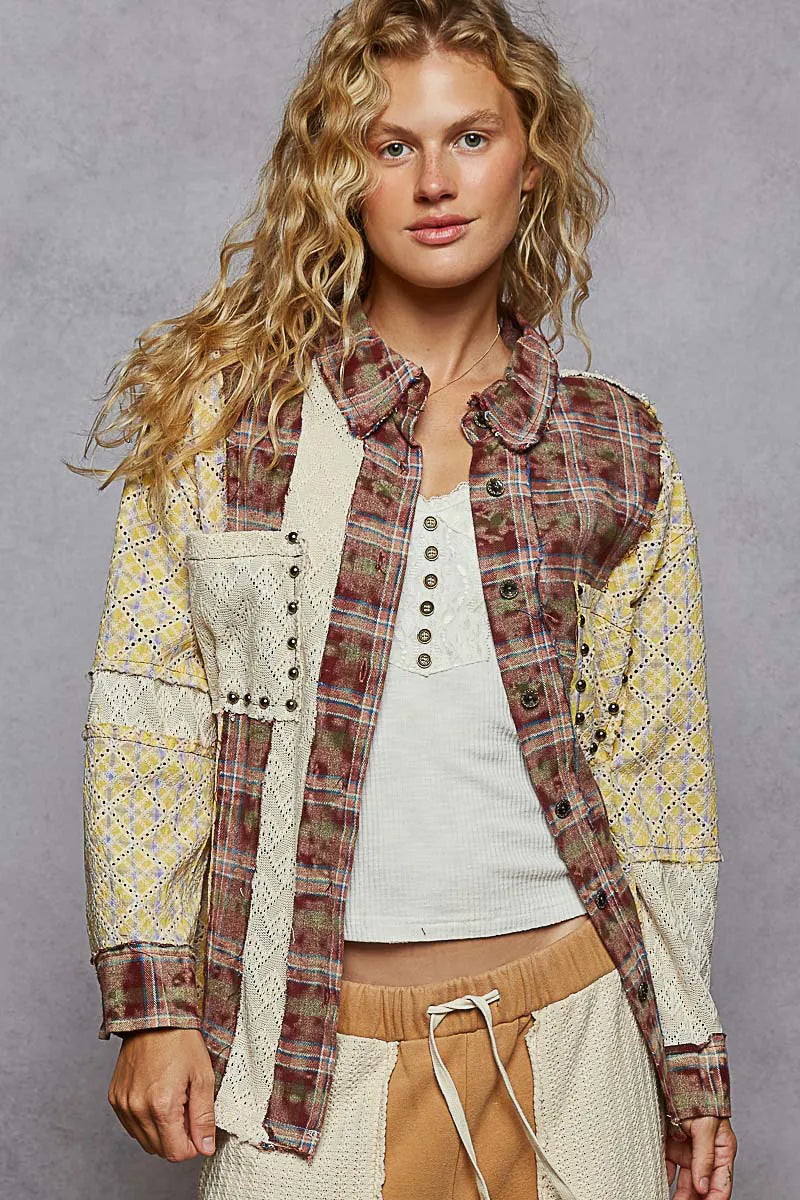 POL Studded Patchwork Plaid Long Sleeve Shirt with Geometric Patterns and Pocket Detail