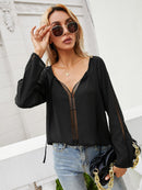 Ivy Lane Tie Neck Long Sleeve Semi-Sheer Blouse Black